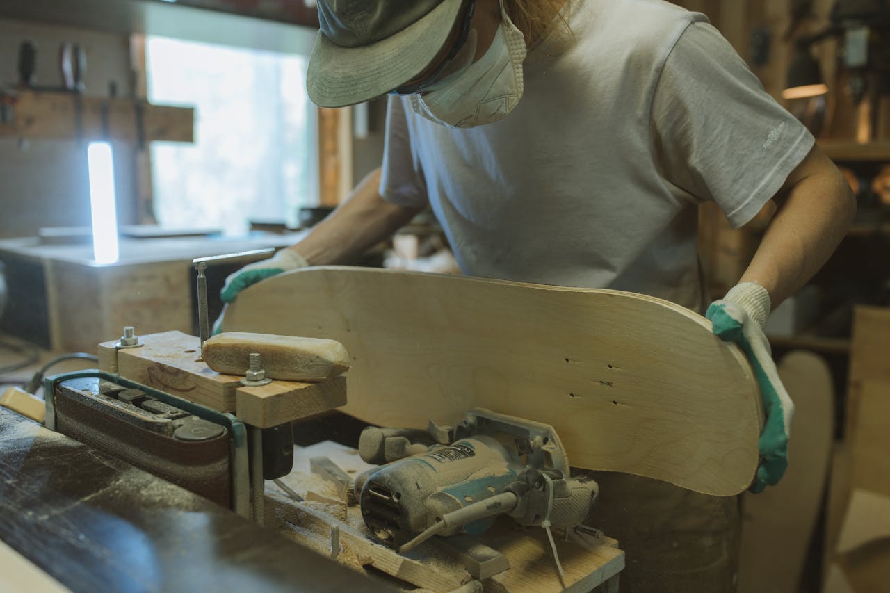 services-01 Experienced woodworker crafting a skateboard deck in a cozy workshop setting.