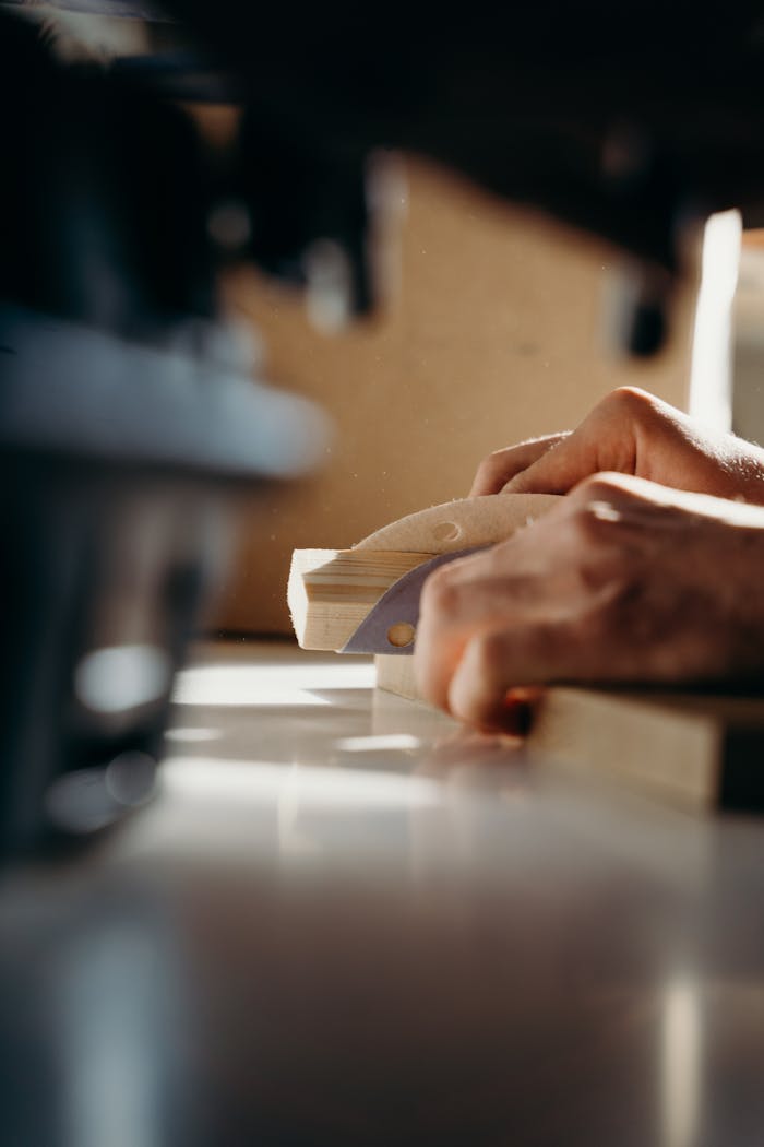 Close-up of a carpenter sanding wood indoors, showcasing craftsmanship.